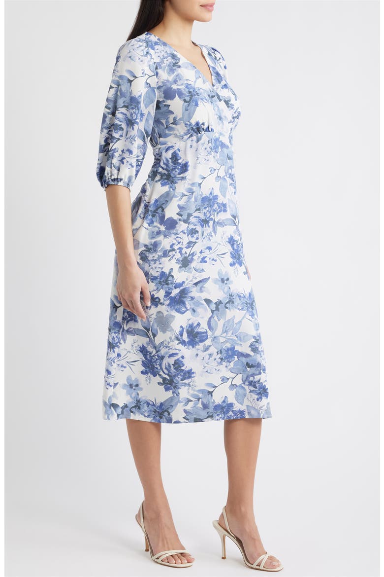 Floral Print Puff Shoulder Midi Dress, Alternate, color, BLUE