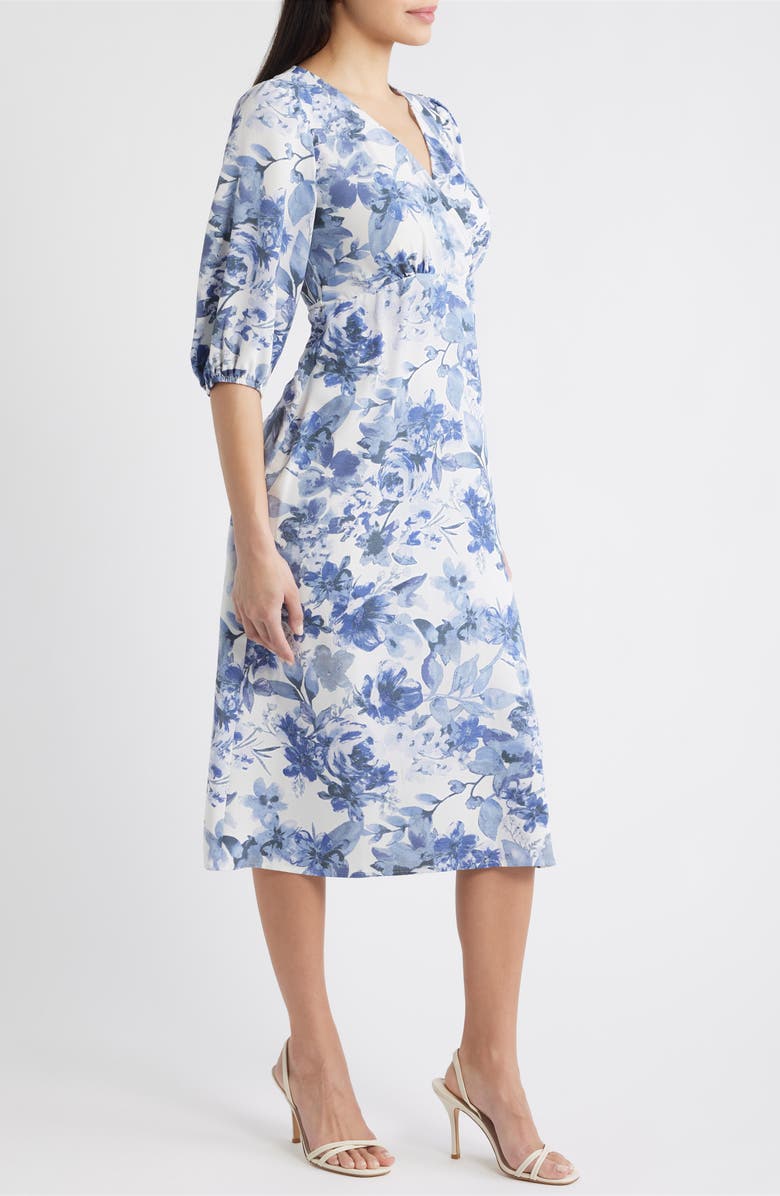 Connected Apparel Floral Print Puff Shoulder Midi Dress, Alternate, color, Blue