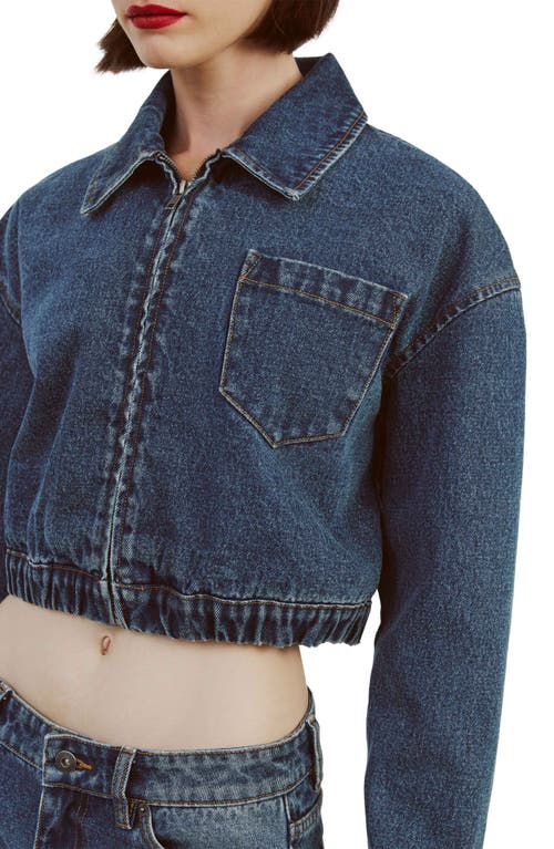 Bardot Crop Denim Bomber Jacket In Washed Indigo