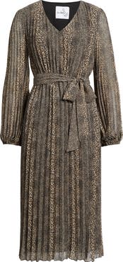 Sam Edelman Animal Pleated Long Sleeve Midi Dress