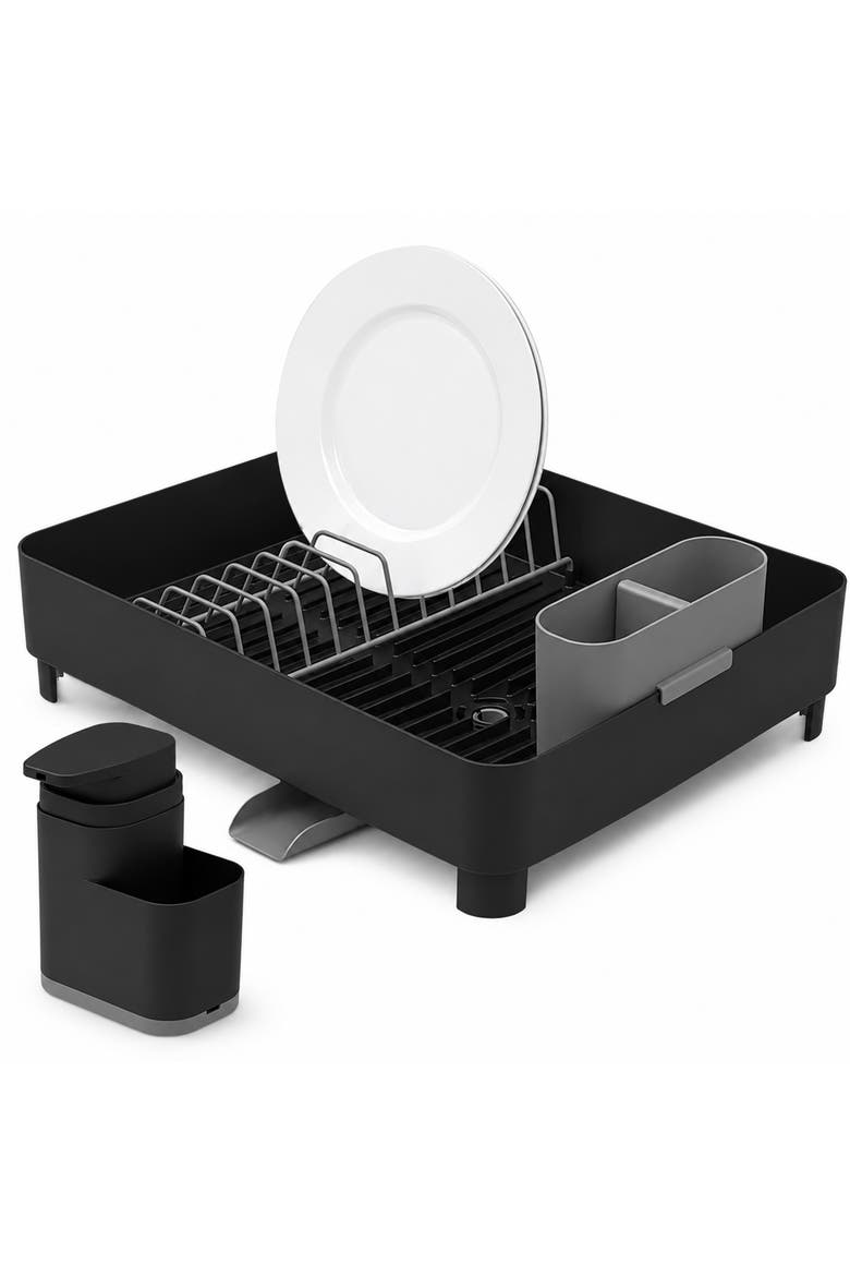 Compact Dish Drying Rack with Drainage Spout and 19 oz Liquid Soap Dispenser with Sponge Holder Nonslip Kitchen Sink Organizer, Main, color, Black