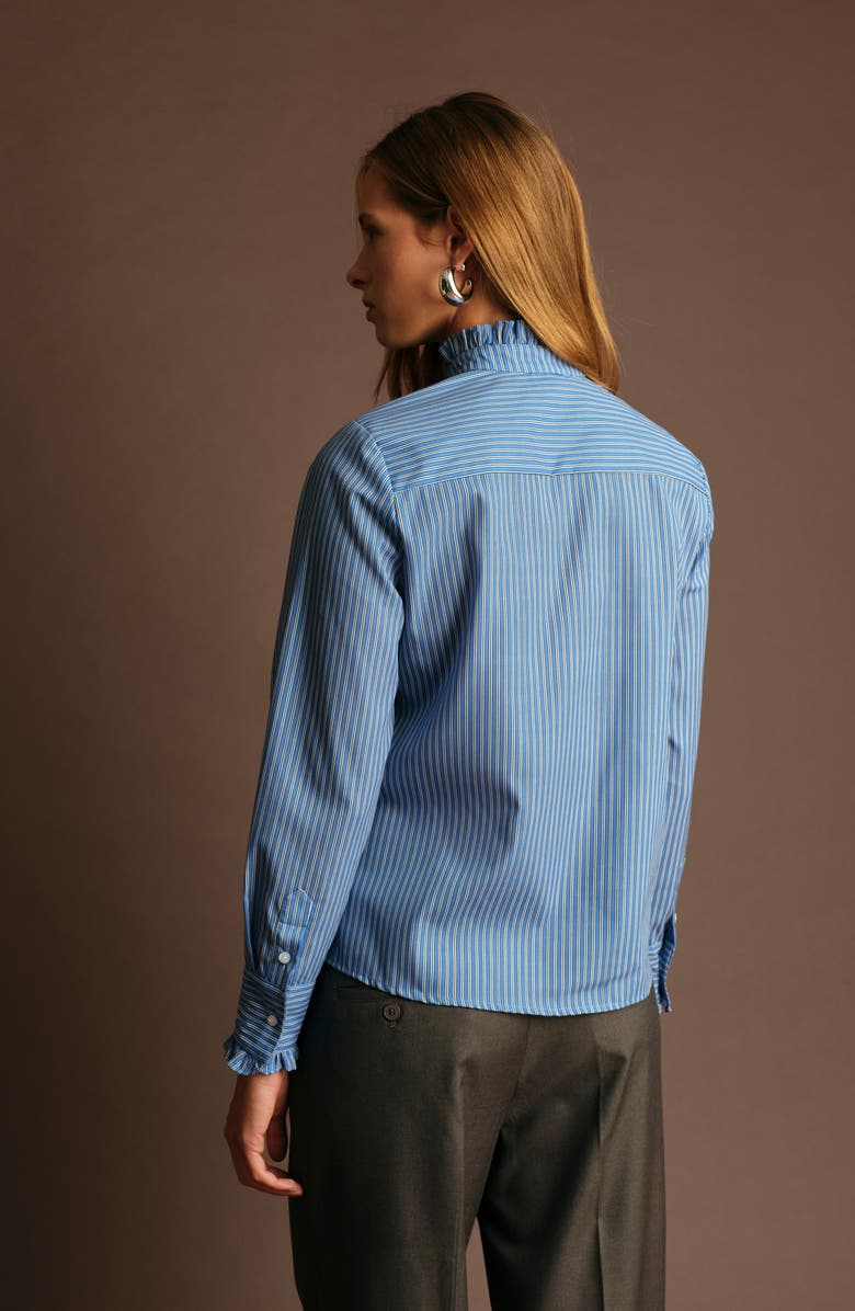 DELUC Oscar Ruffle Trim Stripe Cotton Blend Button-Up Shirt, Alternate, color, Light Blue