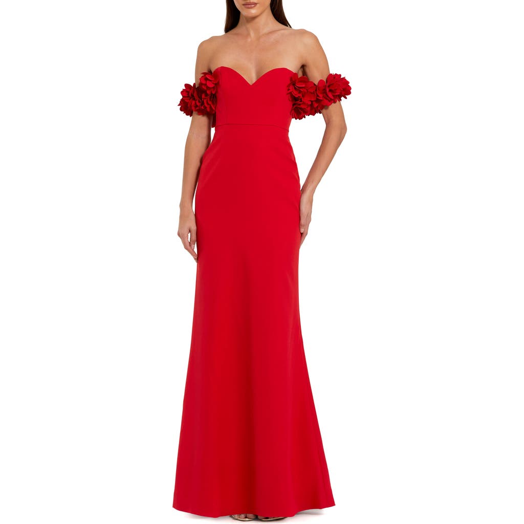 Mac Duggal Crepe Off The Shoulder Gown With 3d Flowers In Red