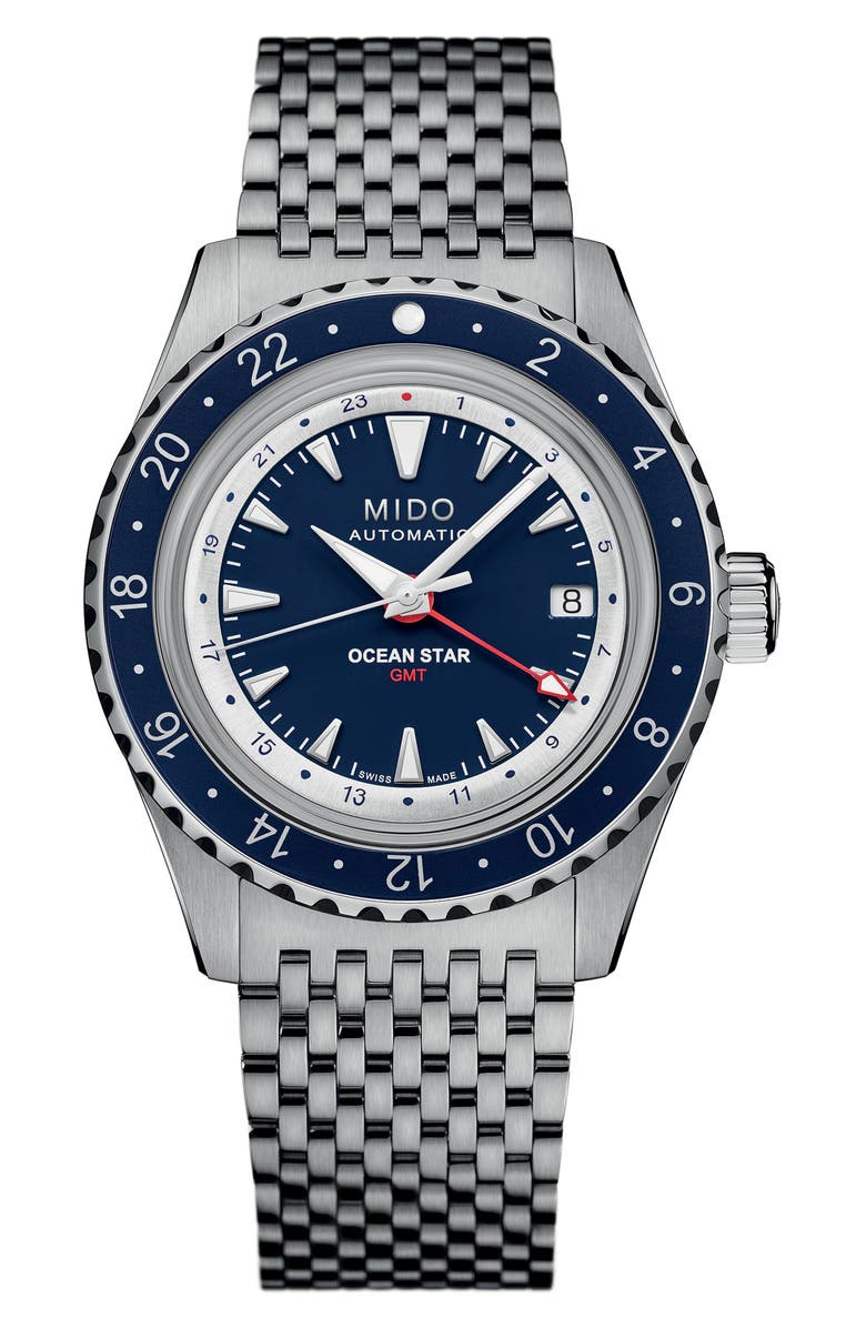 MIDO Ocean Star GMT Automatic Bracelet Watch, 40.5mm, Main, color, Silver/ Blue