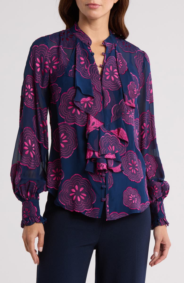 Trina Turk St Marks Silk Blend Button-Up Shirt, Main, color, Ink/ Trina Pink