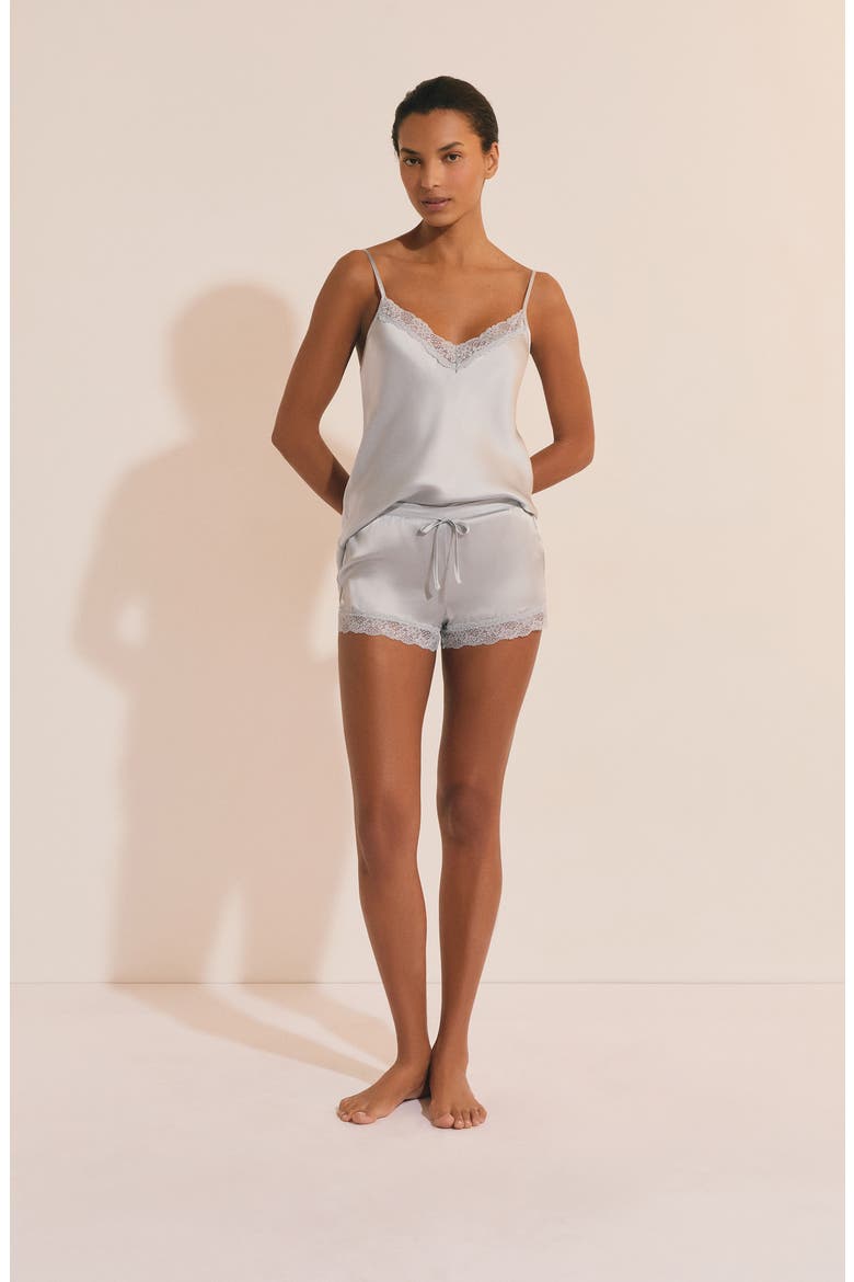 Milky Lace Trim Washable Silk Satin Pajama Shorts, Alternate, color, SILVER
