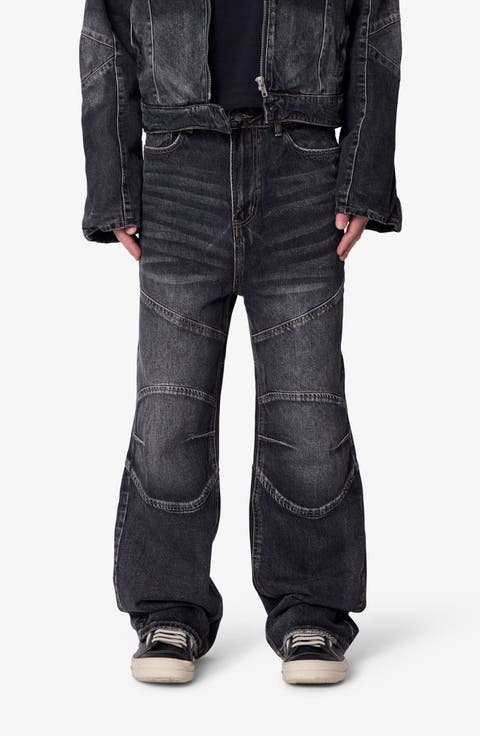 Paneled Moto Kick Flare Jeans (Washed Black)