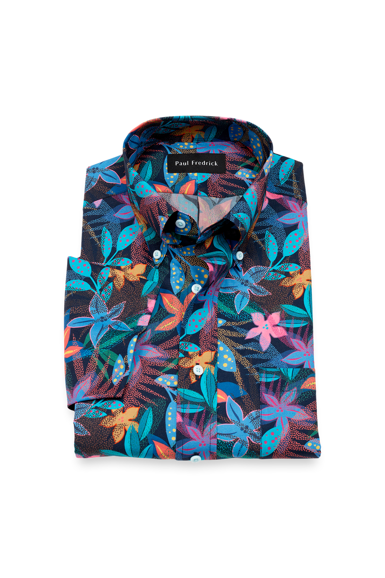 Cotton Buttondown Collar Poplin Slim Hemmed Sleeve Short Sleeve Shirt, Main, color, Blue Multi