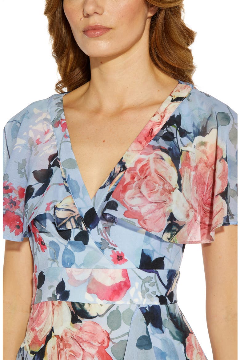 Floral Wrap Front Ruffle Midi Dress, Alternate, color, BLUE MULTI