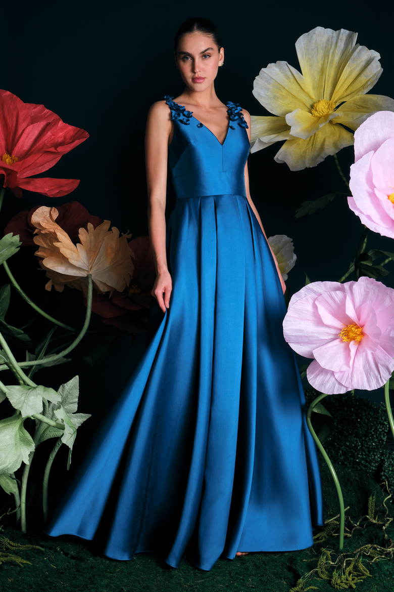 Velina Mikado V Neck Gown, Alternate, color, Sapphire Eclipse