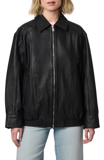 Shop Bernardo Lambskin Leather Longline Bomber Jacket