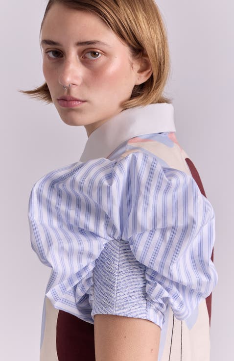 Pierina Short Puff Sleeve Button-Up Cotton Shirt