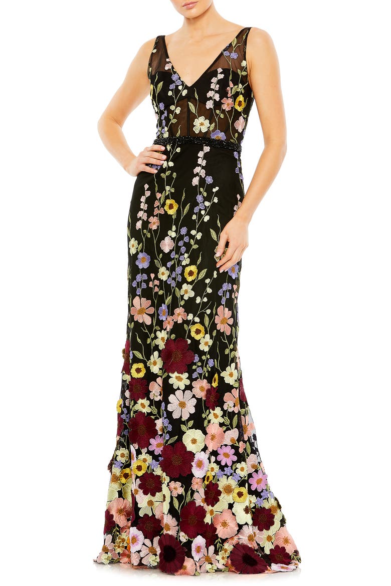 Sleeveless Hand Stitched Floral Applique Dress, Main, color, BLACK MULTI