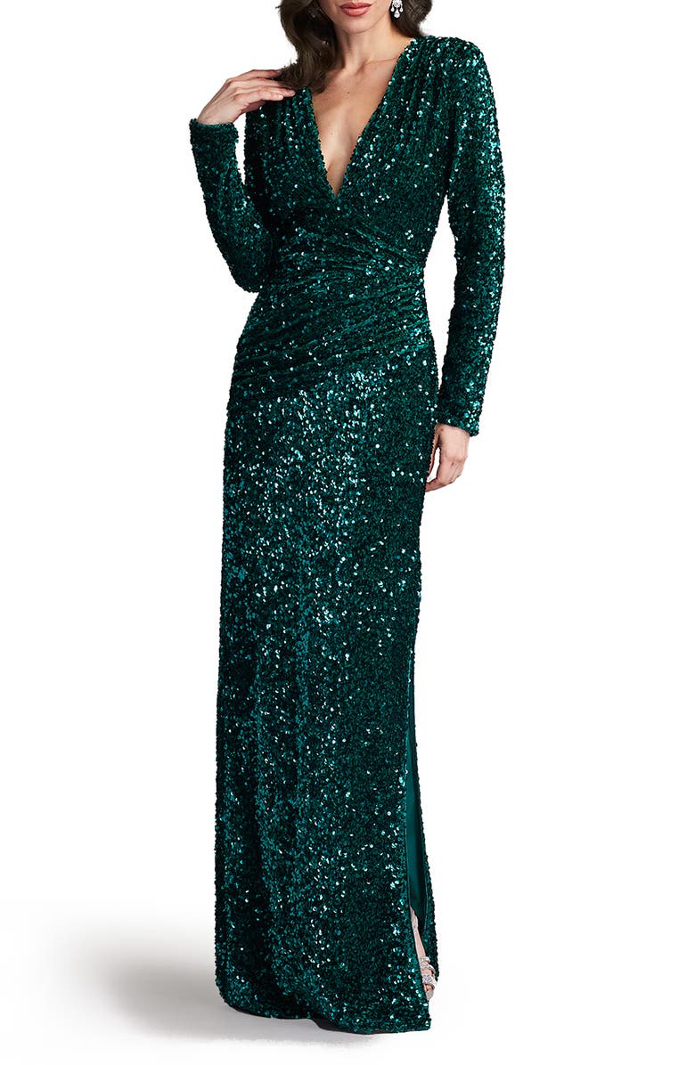 SHO by Tadashi Shoji Sequin Wrap Front Long Sleeve Gown, Main, color, Jungle Green
