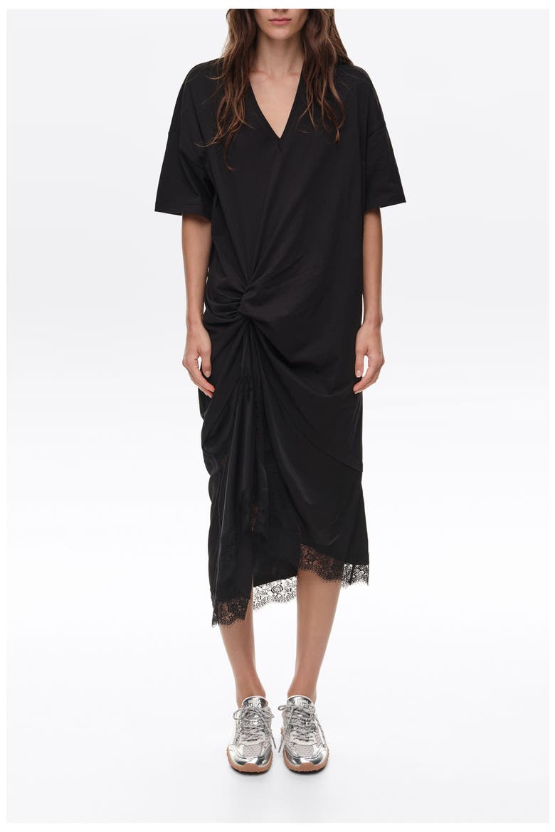 Two-Material Knot T-Shirt Dress, Main, color, BLACK