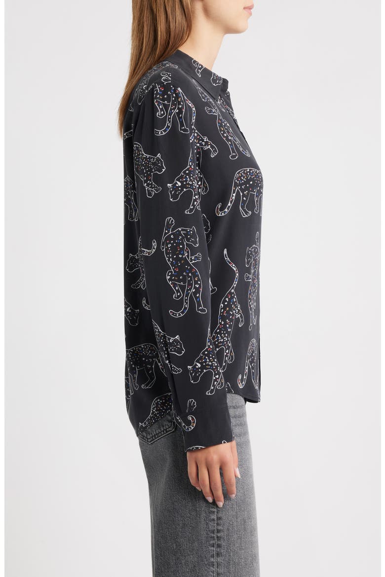 Kate Jaguar Print Silk Button-Up Shirt, Alternate, color, BLACK JAGUARS