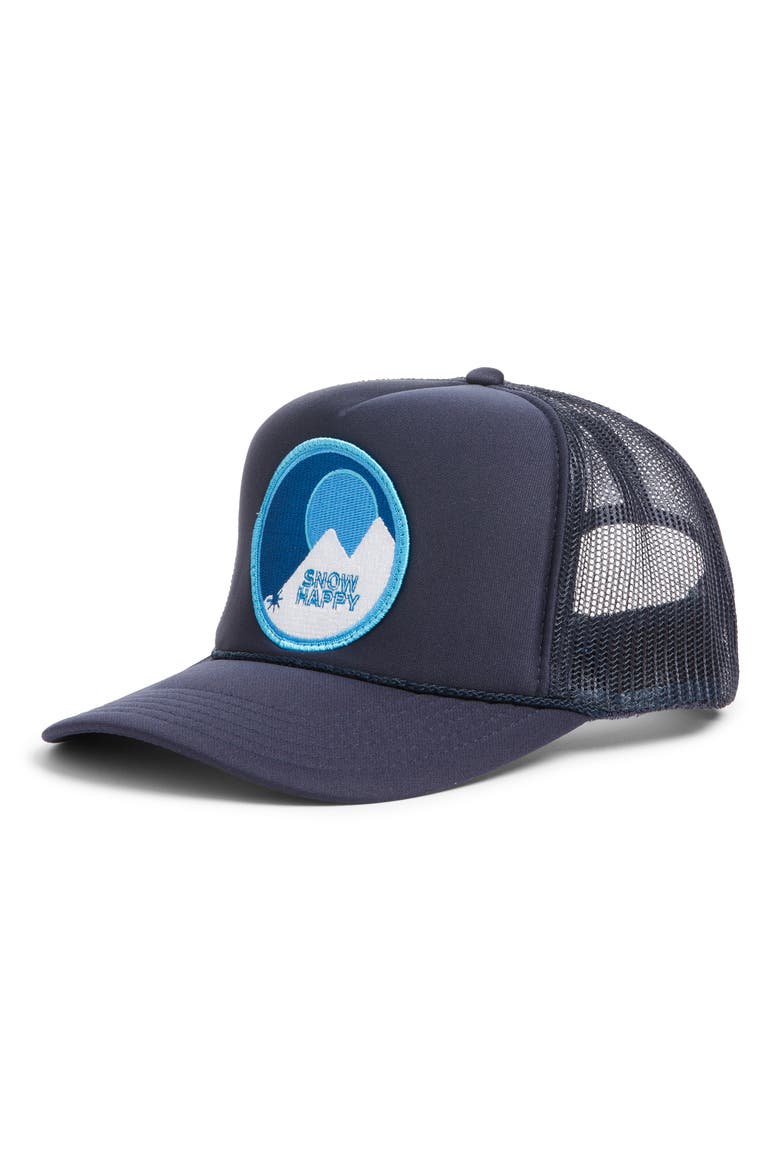 Snow Happy Patch Trucker Hat, Main, color, NAVY