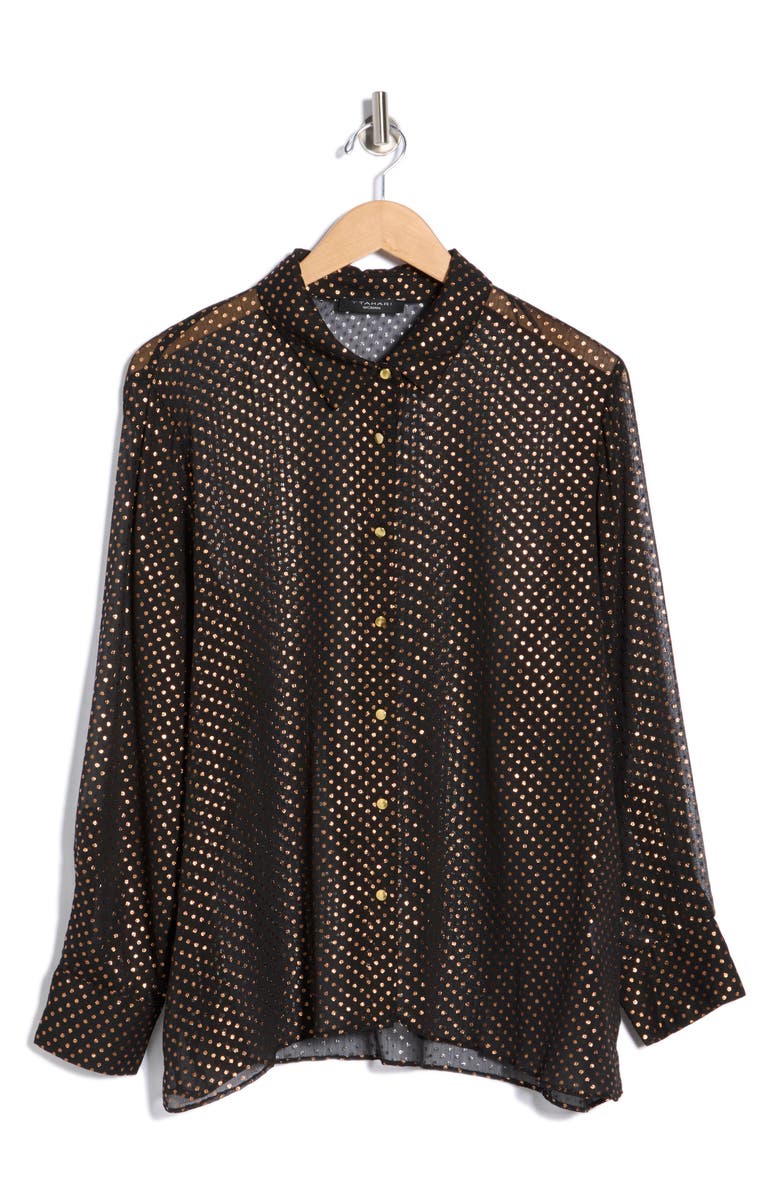 T Tahari Metallic Dot Long Sleeve Button-Up Shirt, Alternate, color, Black/ Gold Foil Dot
