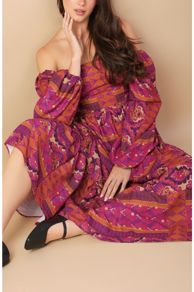 Off the Shoulder Long Sleeve Tiered Midi Dress, Alternate, color, MAGENTA
