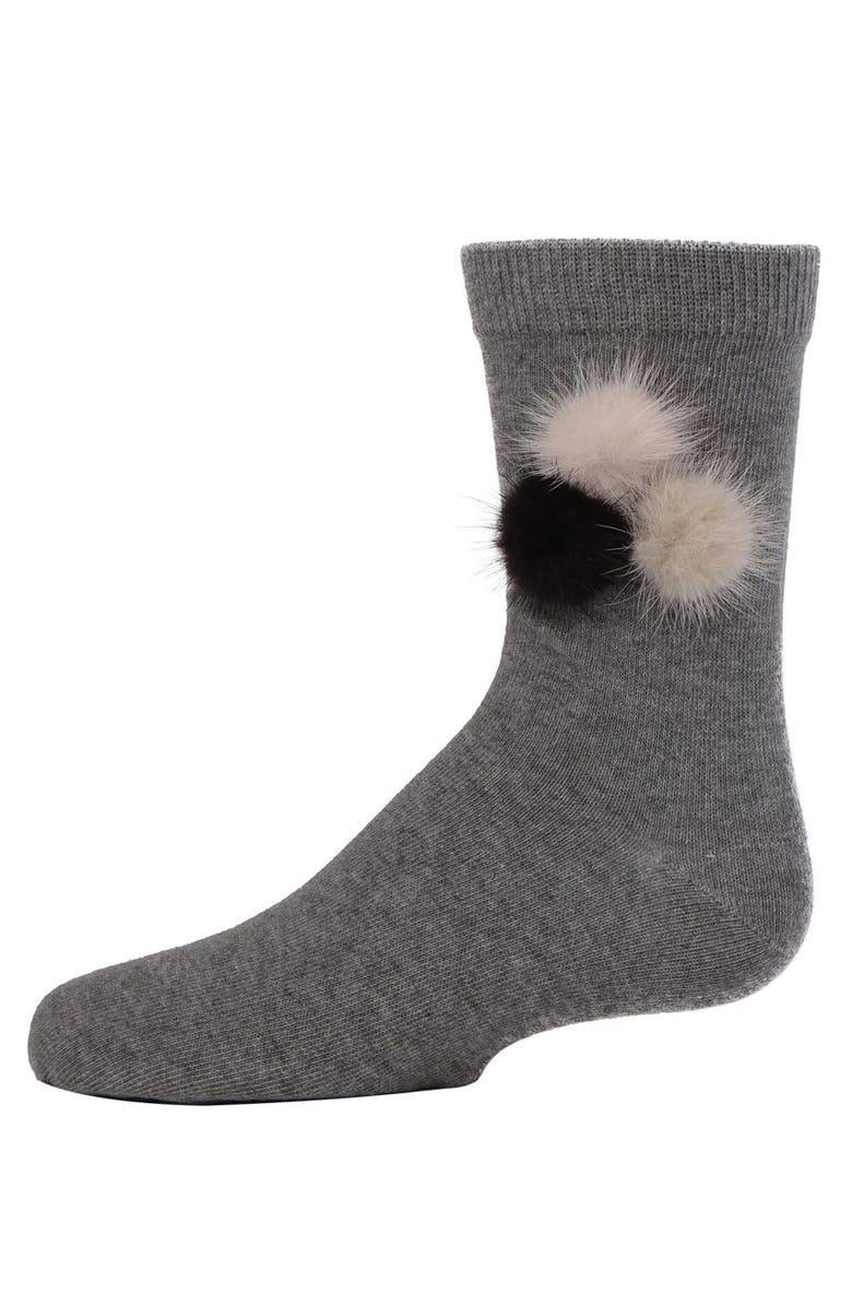 MeMoi Fluffy Trio Pom-Pom Crew Socks, Main, color, Medium Gray