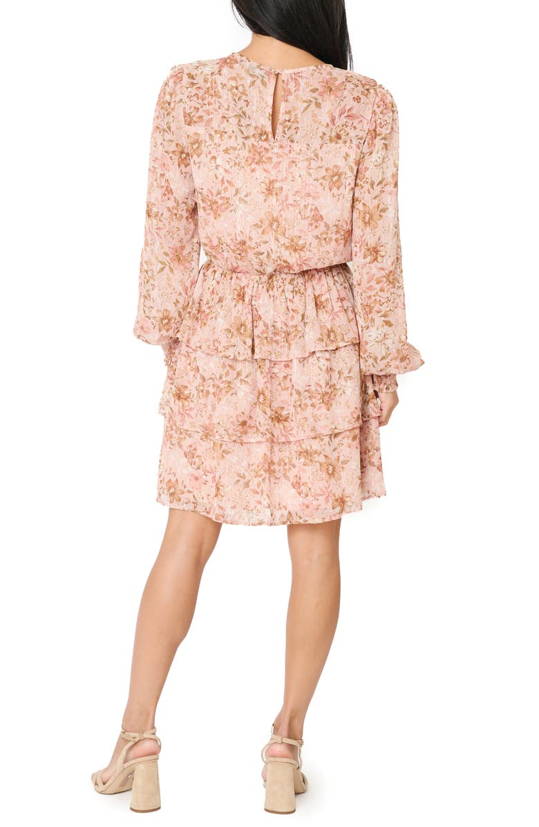 GIBSONLOOK Floral Print Sparkle Long Sleeve Chiffon Dress, Alternate, color, Dusty Pink Gold