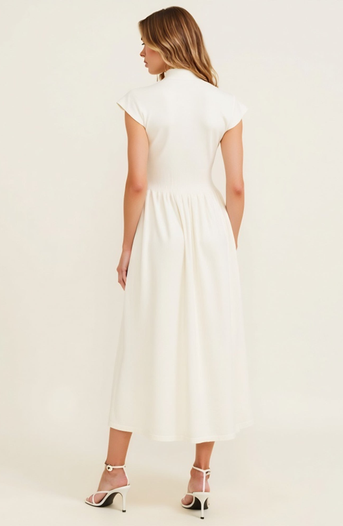 Modenaire Mock Neck Cap Sleeve Knit Midi Dress With Elastic Waist Detail
