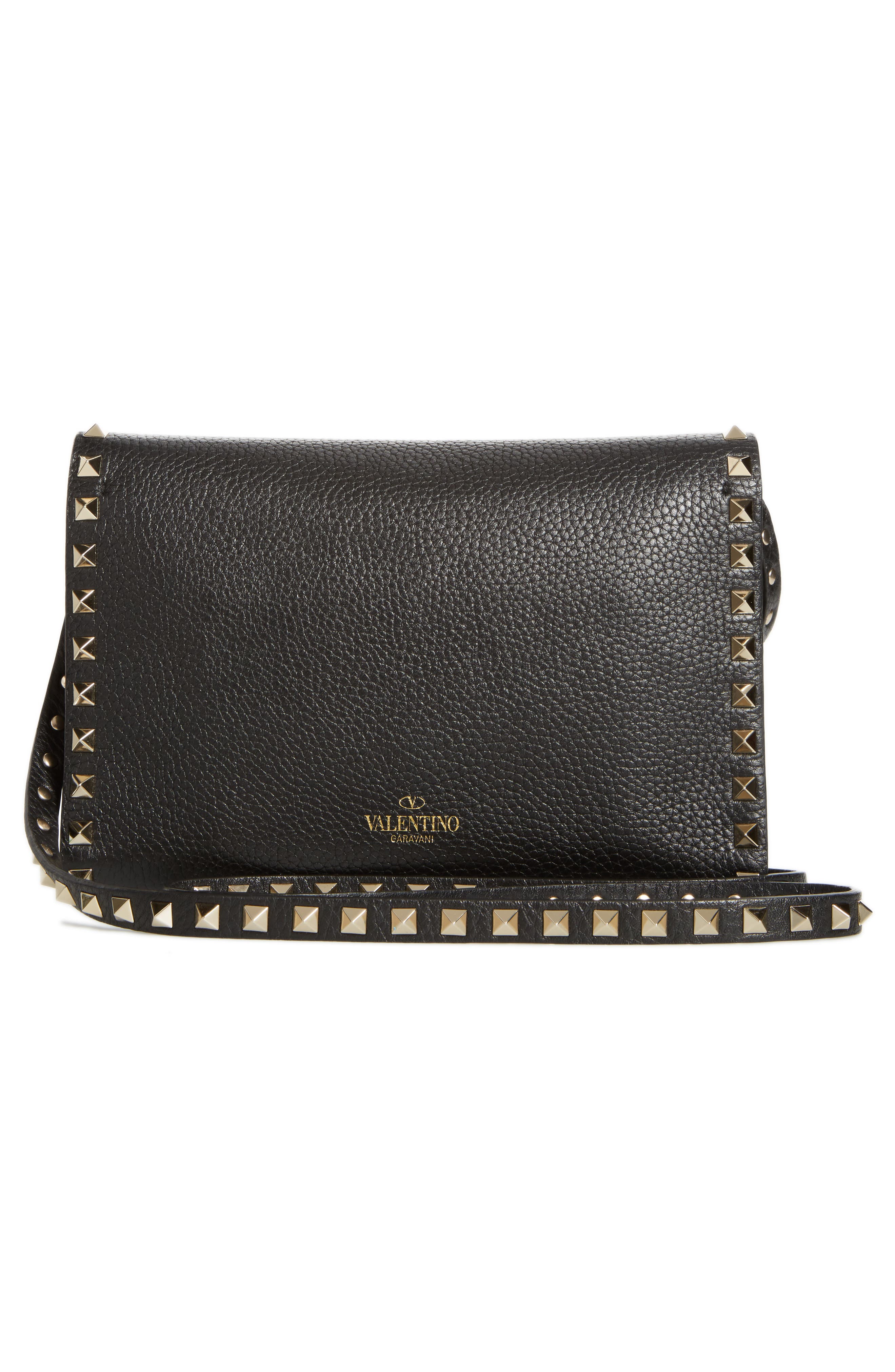 Medium Rockstud Leather Crossbody Bag, Alternate, color, BLACK