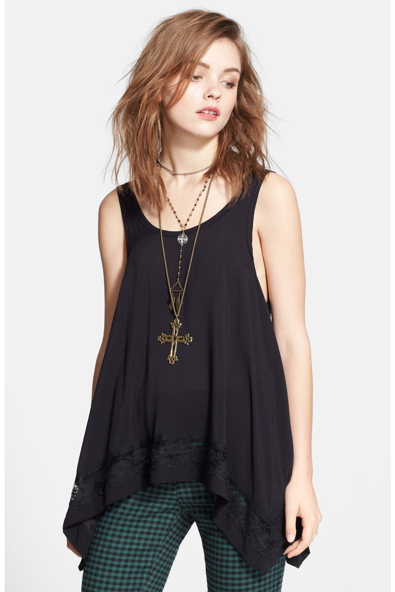 Lace Trim Handkerchief Hem Tank, Main, color, BLACK