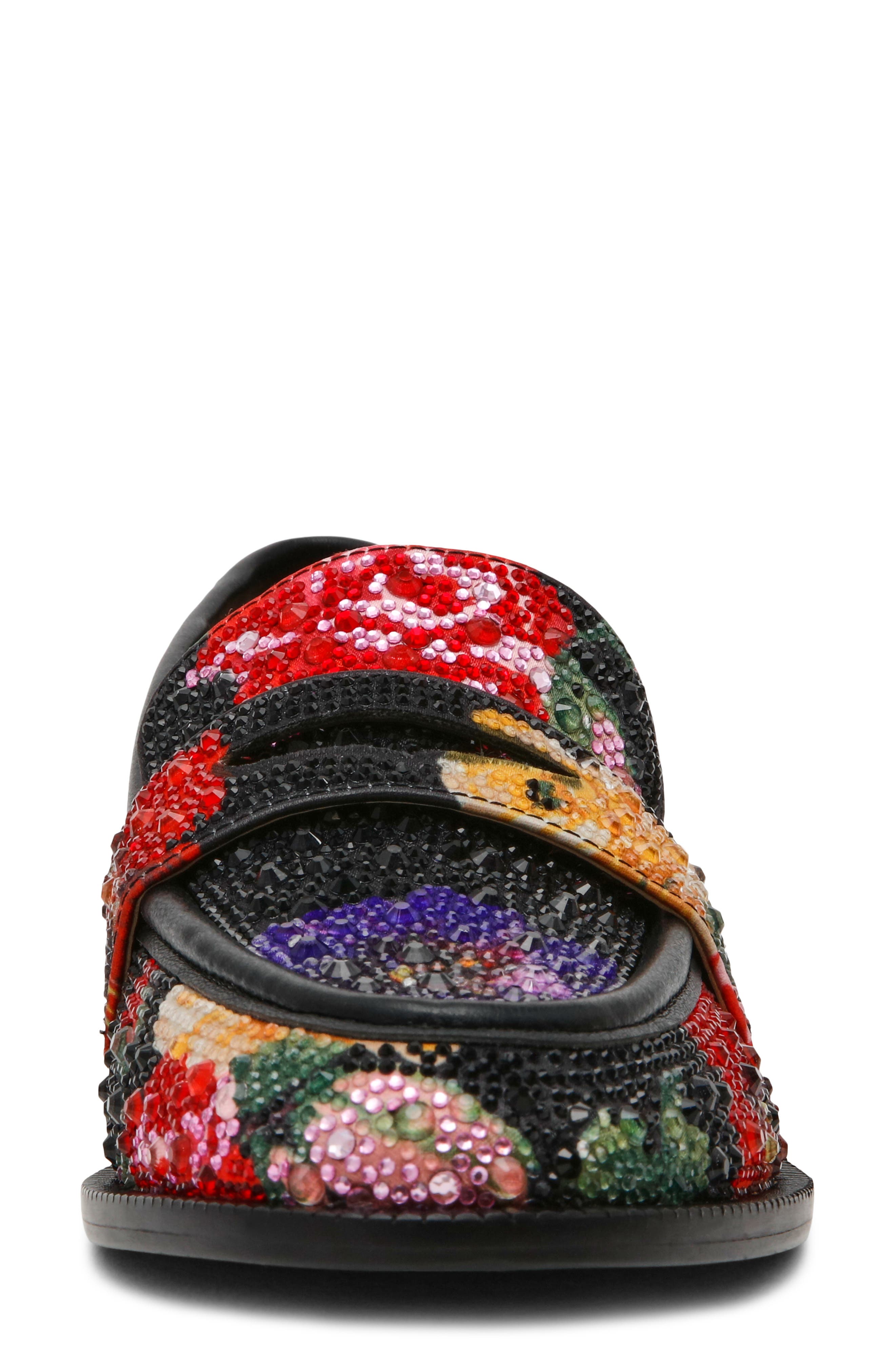 Betsey Johnson Canne Rhinestone Floral Penny Loafer, Alternate, color, Black Flower Multi