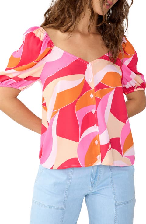 Print Bubble Sleeve Blouse