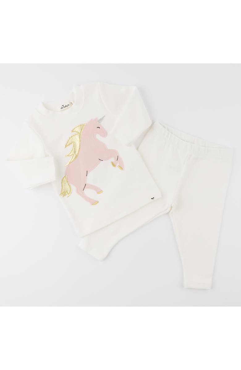 oh baby! Prancing Unicorn Applique Long Sleeve Two Piece Set, Alternate, color, Cream