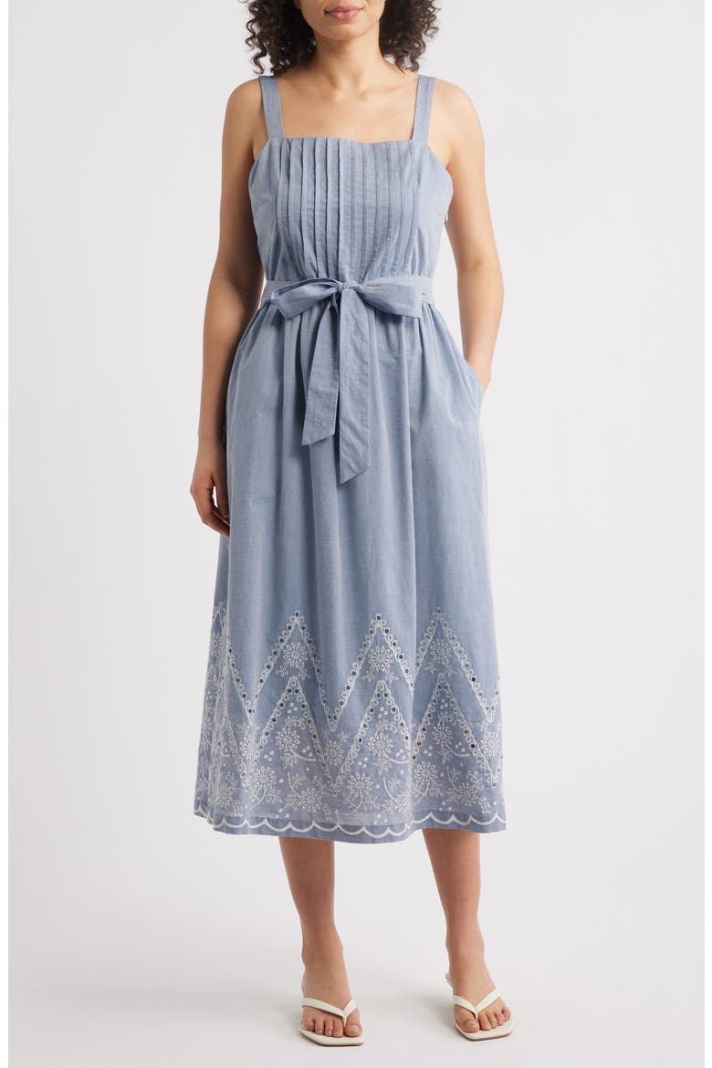 Embroidery Detail Cotton Dress, Main, color, DENIM/ IVORY