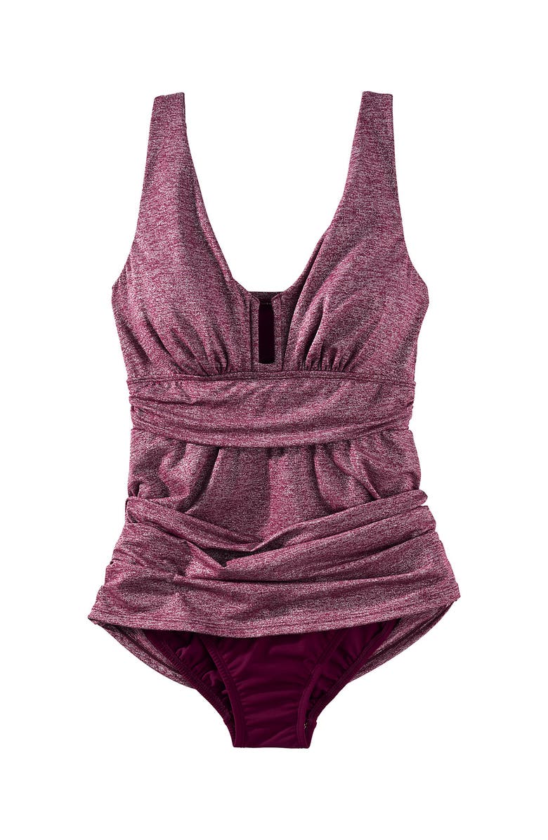 Lands' End Slender Suit Shine U-Wire Swim Dress Swimsuit, Alternate, color, Burgundy Shine