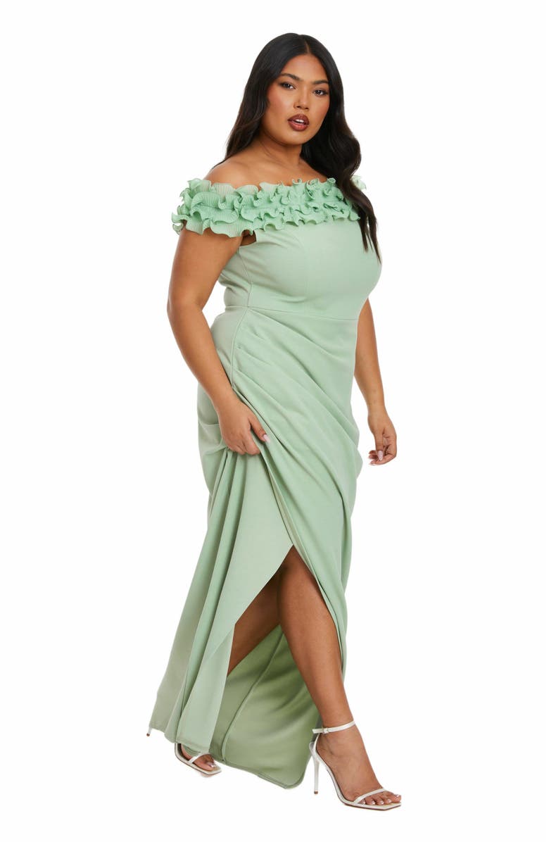 QUIZ Plus Size Ruffle Bardot Ruched Maxi Dress, Alternate, color, 