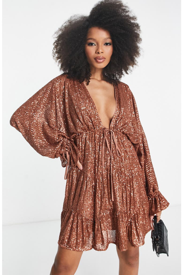 Sequin Long Sleeve Babydoll Minidress, Alternate, color, GOLD