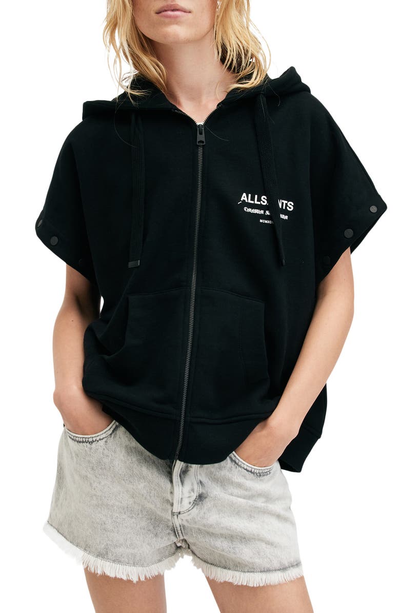 AllSaints Omnium Amphia Logo Graphic Zip Hoodie with Removable Sleeves, Alternate, color, 