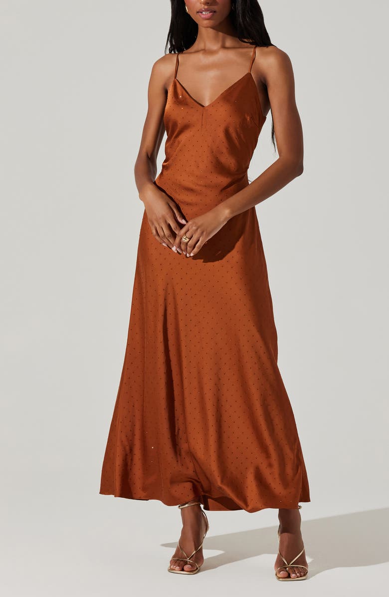 ASTR the Label Bonney Rhinestone Embelished Satin Maxi Dress, Alternate, color, Copper