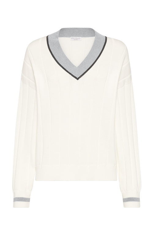 Brunello Cucinelli White T-shirt With V Neck And Monil Detail On The Collar In Panama