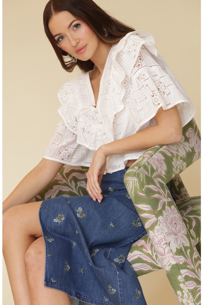Ruffle Tiered Button-Up Crop Top, Alternate, color, WHITE