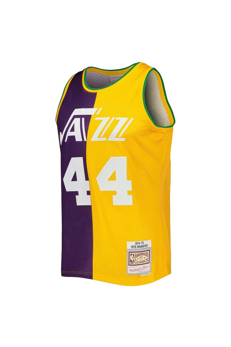 Men's Mitchell & Ness Pete Maravich Purple/Yellow New Orleans Jazz Hardwood Classics 1974/75 Split Swingman Jersey, Alternate, color, Purple