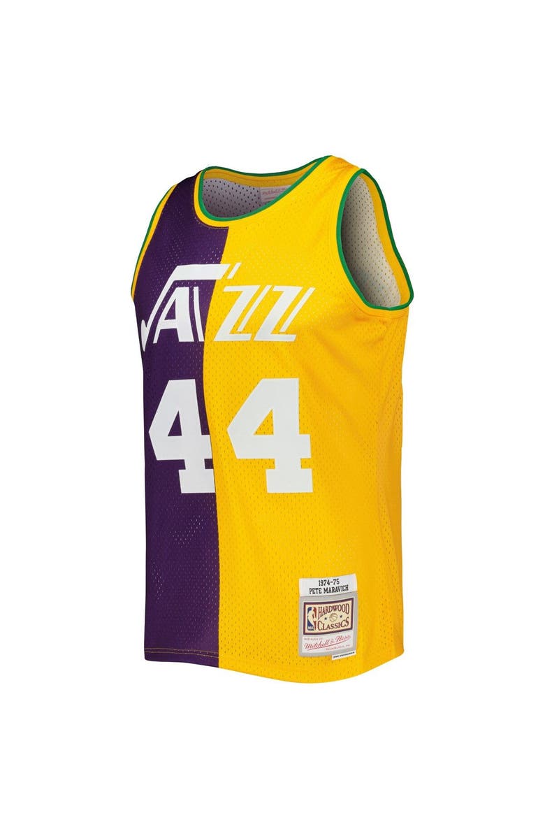 Mitchell & Ness Men's Mitchell & Ness Pete Maravich Purple/Yellow New Orleans Jazz Hardwood Classics 1974/75 Split Swingman Jersey, Alternate, color, 