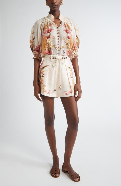 Zimmermann Ascension Belted Bead-embellished Floral-print Linen Shorts