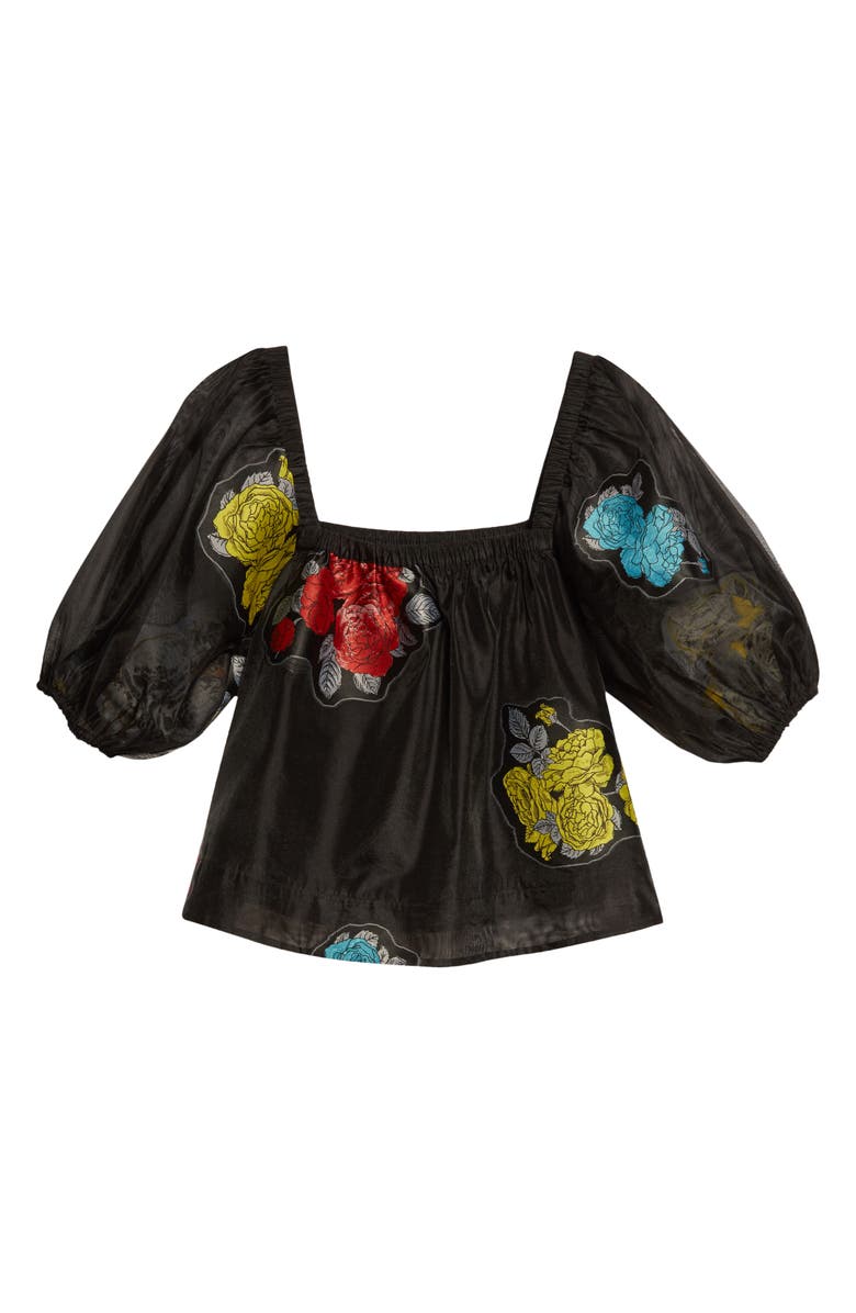 Ganni Patch Detail Organza Puff Sleeve Swing Top, Alternate, color, Black