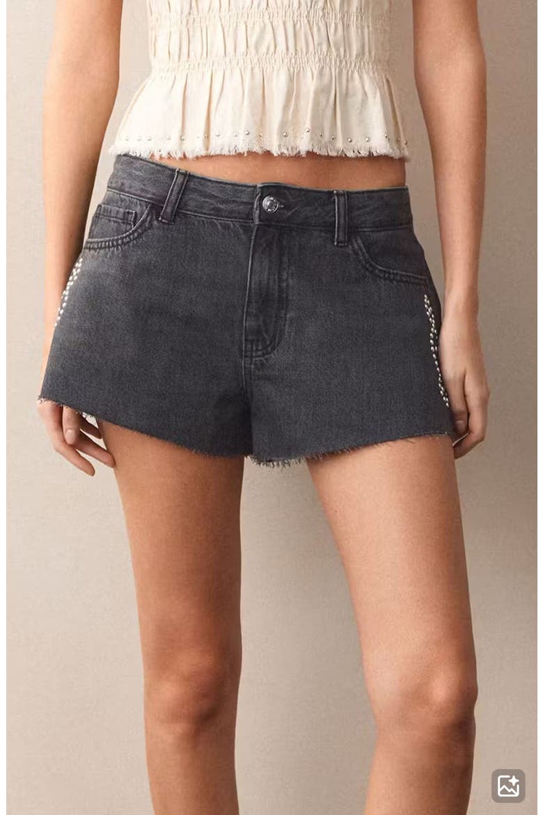 Studded Denim Cutoff Shorts, Main, color, BLACK DENIM