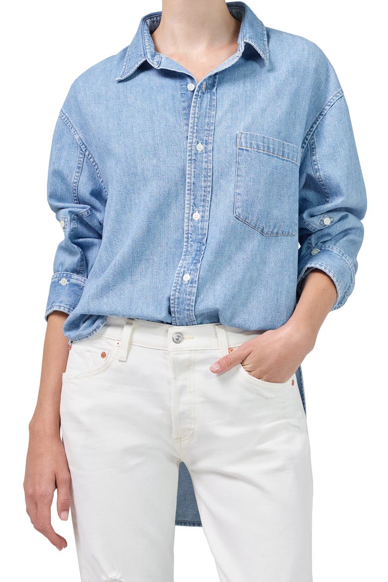 Kayla High-Low Cotton Denim Shirt, Main, color, HIDDEN HILLS