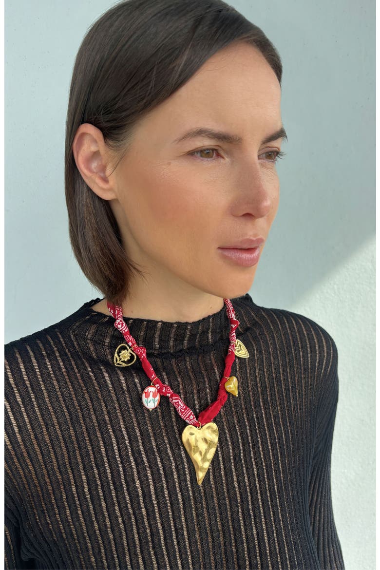 Heart Charm Bandana Necklace, Main, color, RED/ GOLD