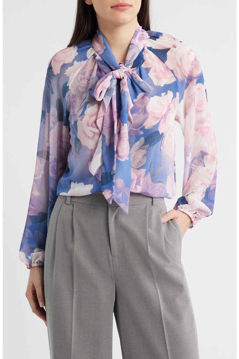 Floral Print Tie Neck Top, Main, color, BLUE PETAL FLORAL