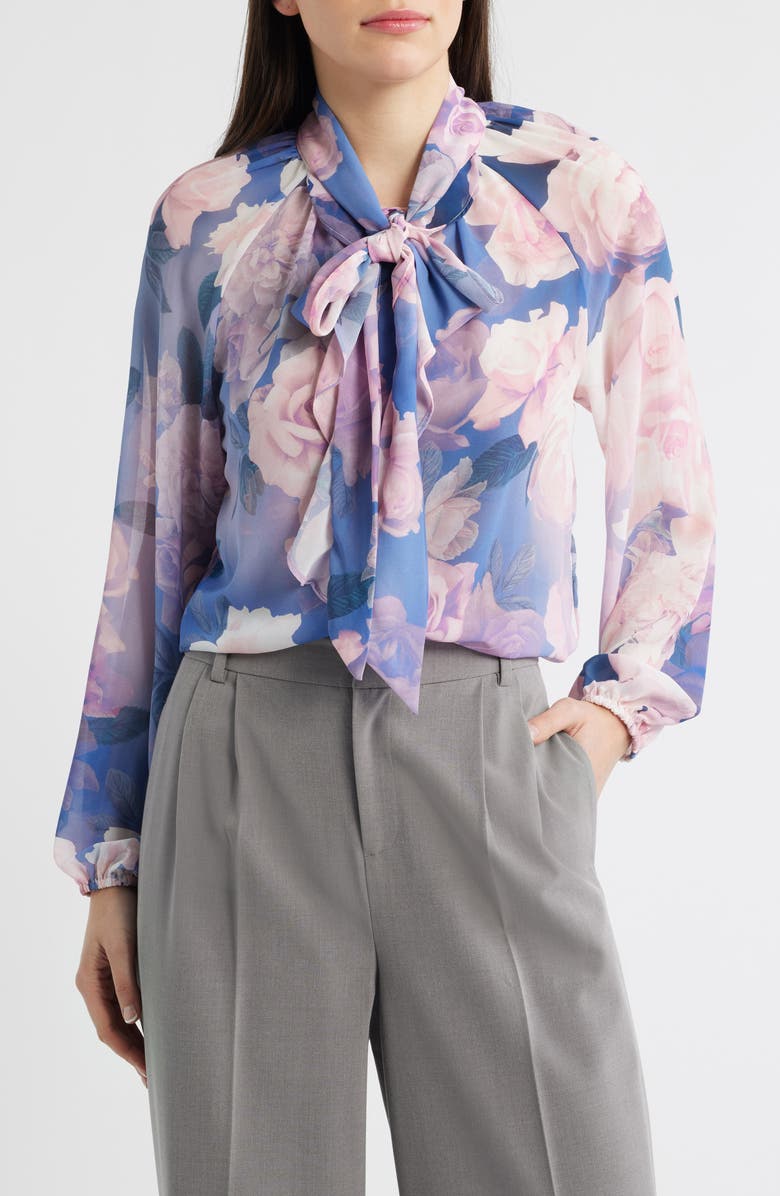 Tahari ASL Floral Print Tie Neck Top, Main, color, Blue Petal Floral
