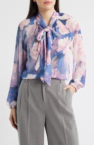 Tahari ASL Floral Print Tie Neck Top