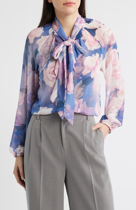 Tahari ASL Floral Print Tie Neck Top (Petite)
